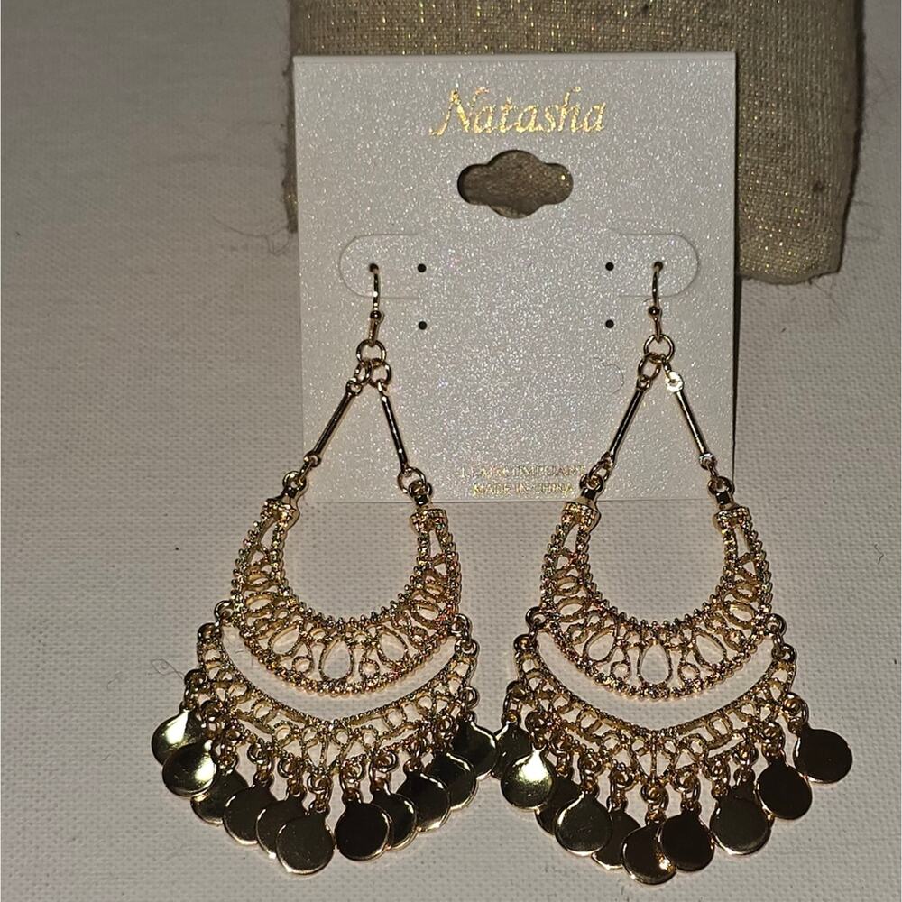 Natasha Elegant Gold Filigree Tassel Chandelier Earrings New